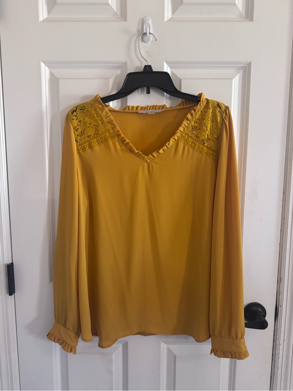 LOFT Mustard Lace-Trim V-Neck Ruffle Blouse
